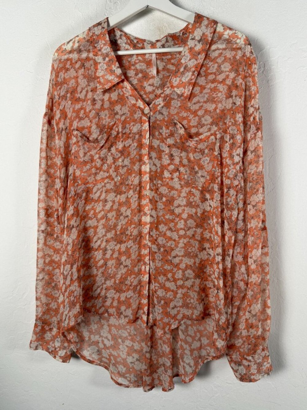 Free People Blouse Women Large Orange Floral Sheer Button Up Shirt High Low Boho